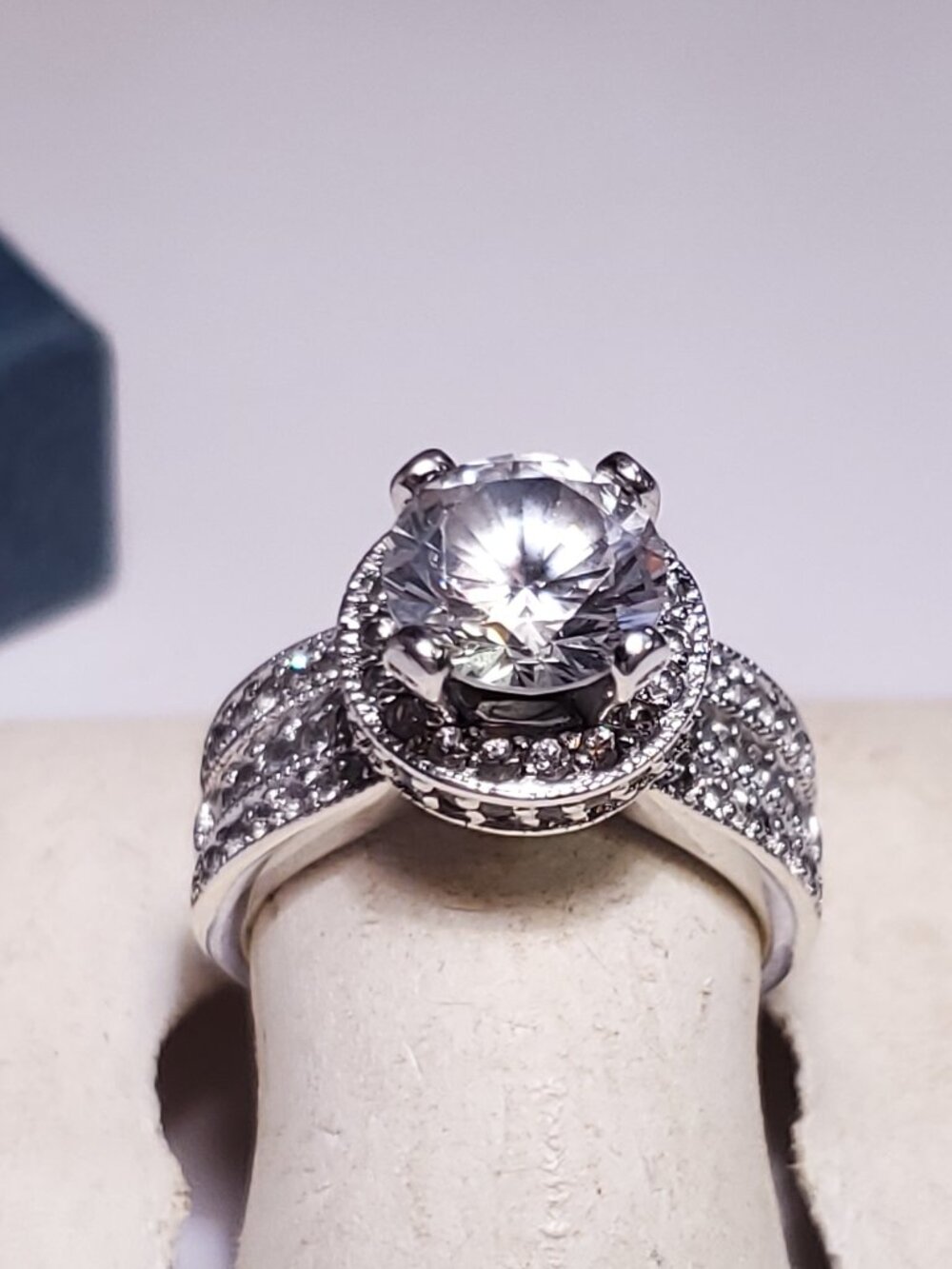 Estate 4.25ctw Rd CZ Halo triple row Sterling Silver bold Engagement Ring #24723